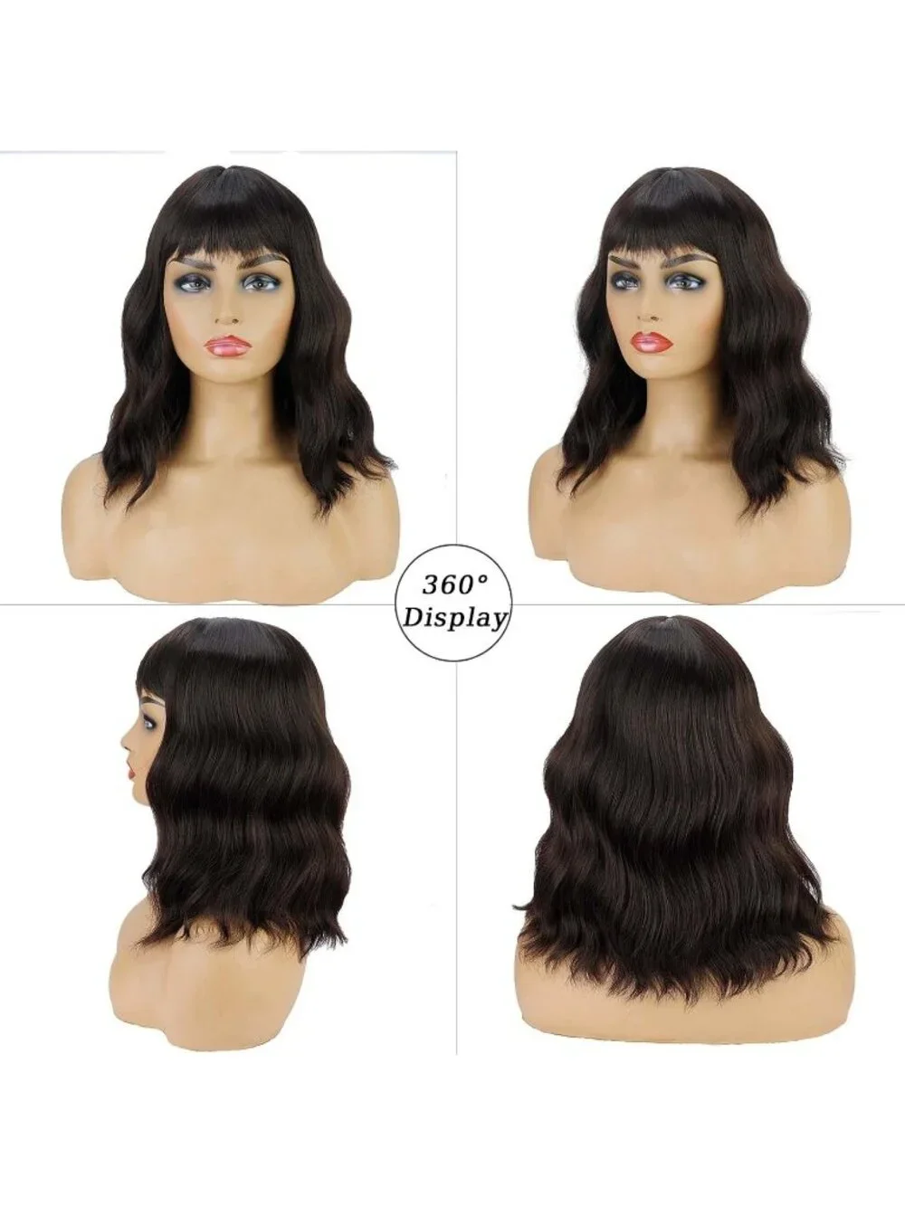 Women's Brown 14 Inch Heat Resistant Short Bangs Bob Modern Wavy Wigs
